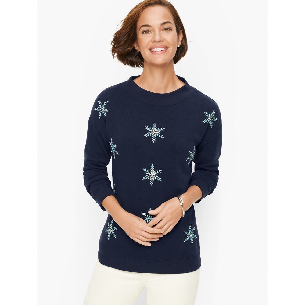 Talbots Sweatshirt Medium Navy Blue Embroidered Snowflake Mockneck Cotton Blend